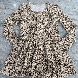 Girls' Beige and Brown Leopard Print Long-Sleeve Dress